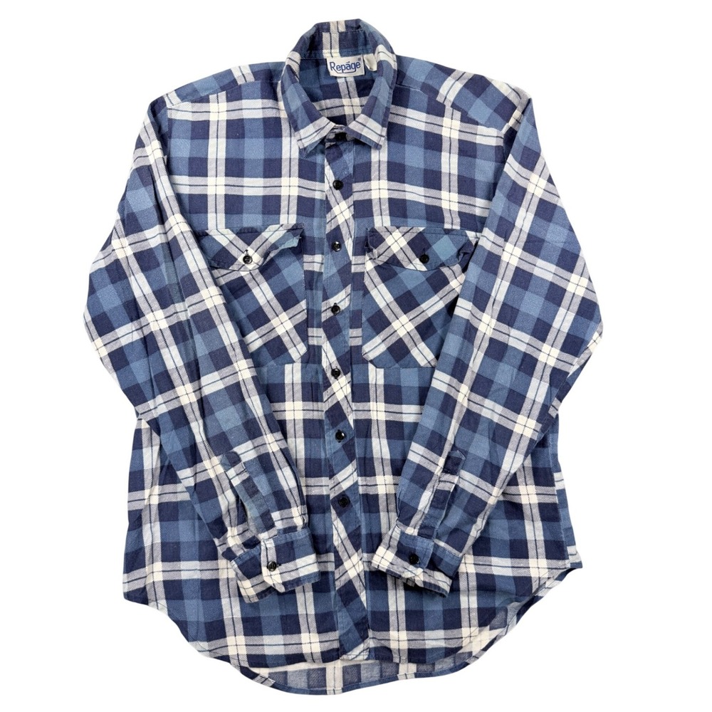 Vintage Repage Blue Plaid Flannel Button Down Shirt Mens Large L Long Sleeve